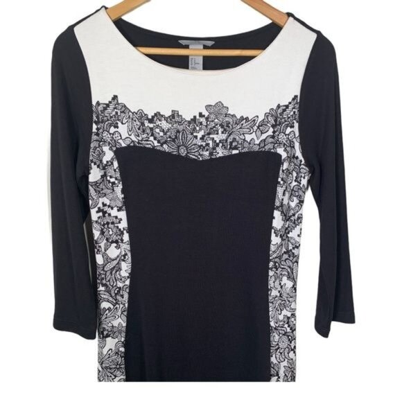 H&M Black White Colorblock Floral Sheath Dress M Workwear Fall - Picture 2 of 10